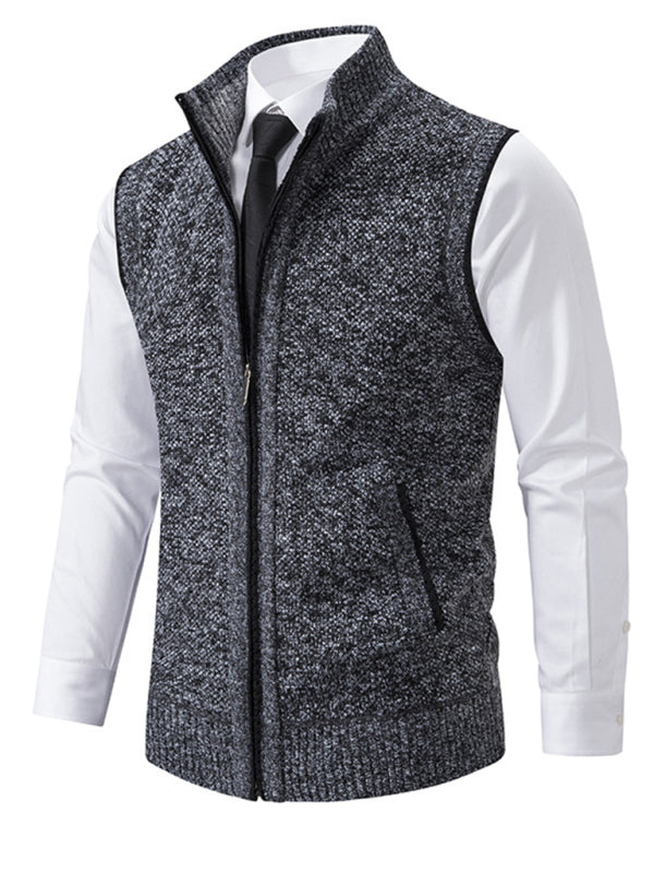 Men's Stand Collar Sleeveless Knitted Casual Thickened Lining Vest Jacket +