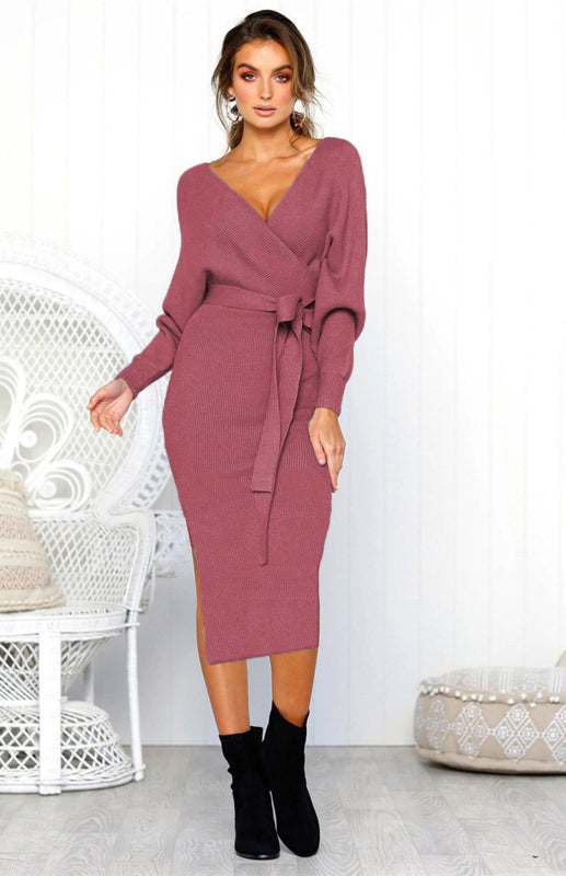 Women's Sexy V-Neck Lace-Up Long-Sleeved Dress +