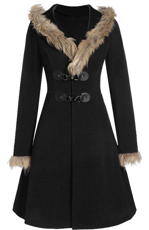 Solid-Colored Fur Long-Sleeved Alloy Buckles Duffel Coat +