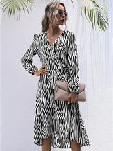 Load image into Gallery viewer, Zebra V-Neck Tie One Piece Long Sleeve Dress +
