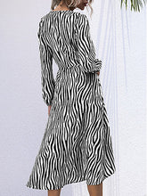 Load image into Gallery viewer, Zebra V-Neck Tie One Piece Long Sleeve Dress +
