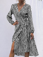 Load image into Gallery viewer, Zebra V-Neck Tie One Piece Long Sleeve Dress +
