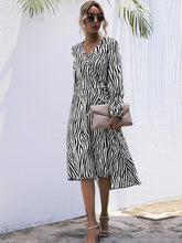 Load image into Gallery viewer, Zebra V-Neck Tie One Piece Long Sleeve Dress +
