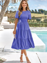 Load image into Gallery viewer, Women&#39;s Solid Color Round Neck Pleated Resort Dress +
