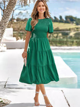Load image into Gallery viewer, Women&#39;s Solid Color Round Neck Pleated Resort Dress +
