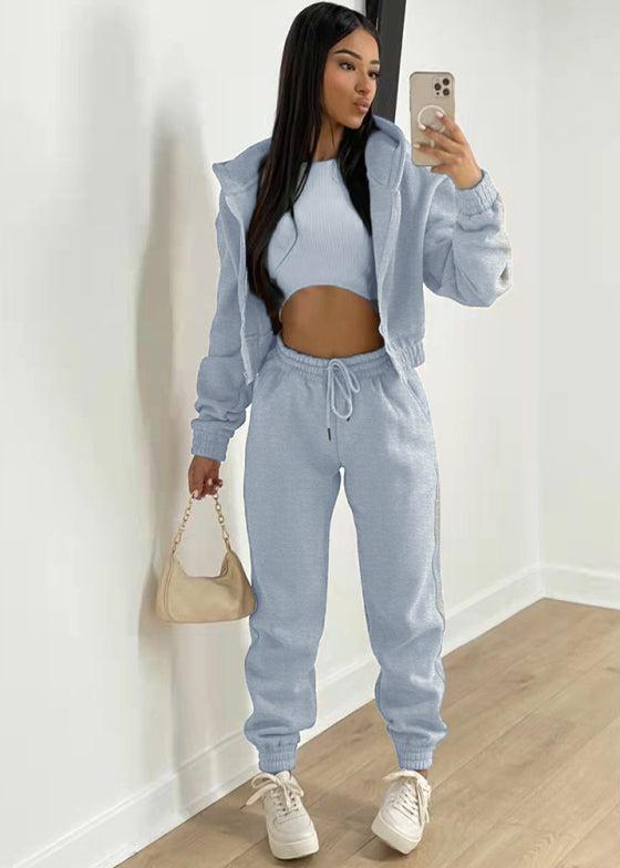Women's Knitted Casual Sports Fleece Hooded Three-piece Suit +
