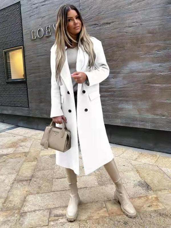 Women's Long Sleeve Ovwercoat Suit Collar Double Breasted Woolen Coat +