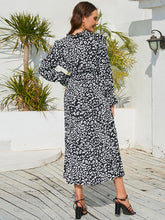 Load image into Gallery viewer, Leopard Print Stand Collar Lace Up Pleated Skirt Casual Midi Dress +
