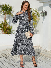 Load image into Gallery viewer, Leopard Print Stand Collar Lace Up Pleated Skirt Casual Midi Dress +
