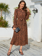 Load image into Gallery viewer, Leopard Print Stand Collar Lace Up Pleated Skirt Casual Midi Dress +

