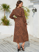 Load image into Gallery viewer, Leopard Print Stand Collar Lace Up Pleated Skirt Casual Midi Dress +
