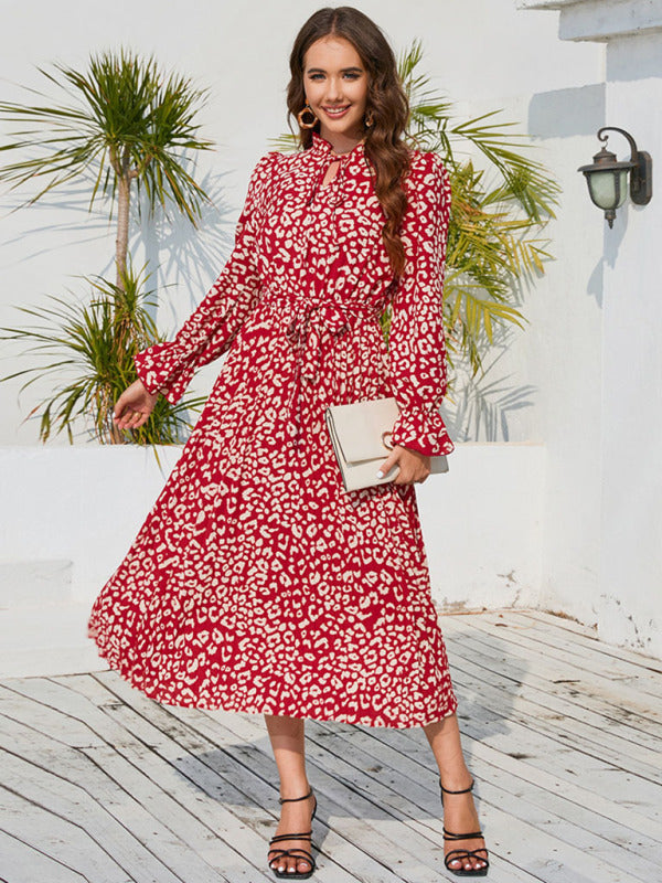 Leopard Print Stand Collar Lace Up Pleated Skirt Casual Midi Dress +