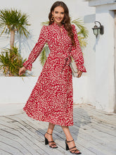 Load image into Gallery viewer, Leopard Print Stand Collar Lace Up Pleated Skirt Casual Midi Dress +
