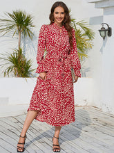 Load image into Gallery viewer, Leopard Print Stand Collar Lace Up Pleated Skirt Casual Midi Dress +
