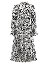 Load image into Gallery viewer, Leopard Print Stand Collar Lace Up Pleated Skirt Casual Midi Dress +
