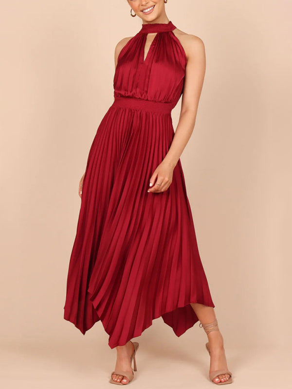 New Women's Folded Solid Color Sleeveless Halterneck V-neck Irregular Skirt Dress +