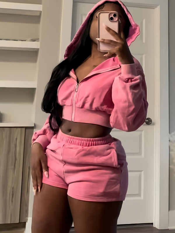 Autumn and Winter Zipper Hooded Long-sleeved Shorts Sweater Suit +