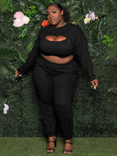 Load image into Gallery viewer, Plus Size Women&#39;s Fashion Sexy Chest Opening Hollow Solid Color Ribbed Three-Piece Sweatshirt Suit +
