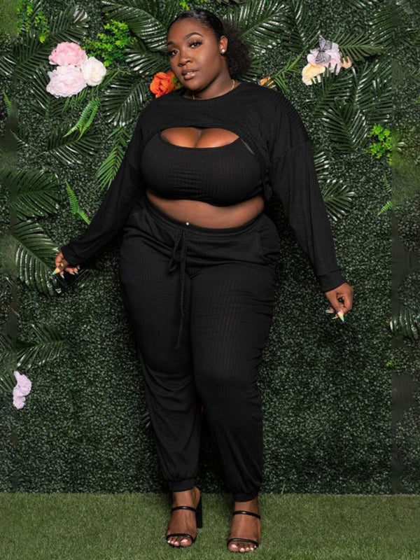 Plus Size Women's Fashion Sexy Chest Opening Hollow Solid Color Ribbed Three-Piece Sweatshirt Suit +
