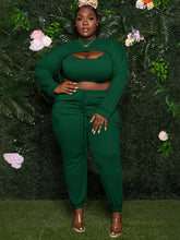 Load image into Gallery viewer, Plus Size Women&#39;s Fashion Sexy Chest Opening Hollow Solid Color Ribbed Three-Piece Sweatshirt Suit +
