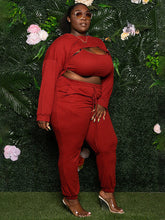 Load image into Gallery viewer, Plus Size Women&#39;s Fashion Sexy Chest Opening Hollow Solid Color Ribbed Three-Piece Sweatshirt Suit +
