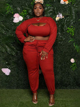 Load image into Gallery viewer, Plus Size Women&#39;s Fashion Sexy Chest Opening Hollow Solid Color Ribbed Three-Piece Sweatshirt Suit +
