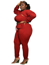 Load image into Gallery viewer, Plus Size Women&#39;s Fashion Sexy Chest Opening Hollow Solid Color Ribbed Three-Piece Sweatshirt Suit +
