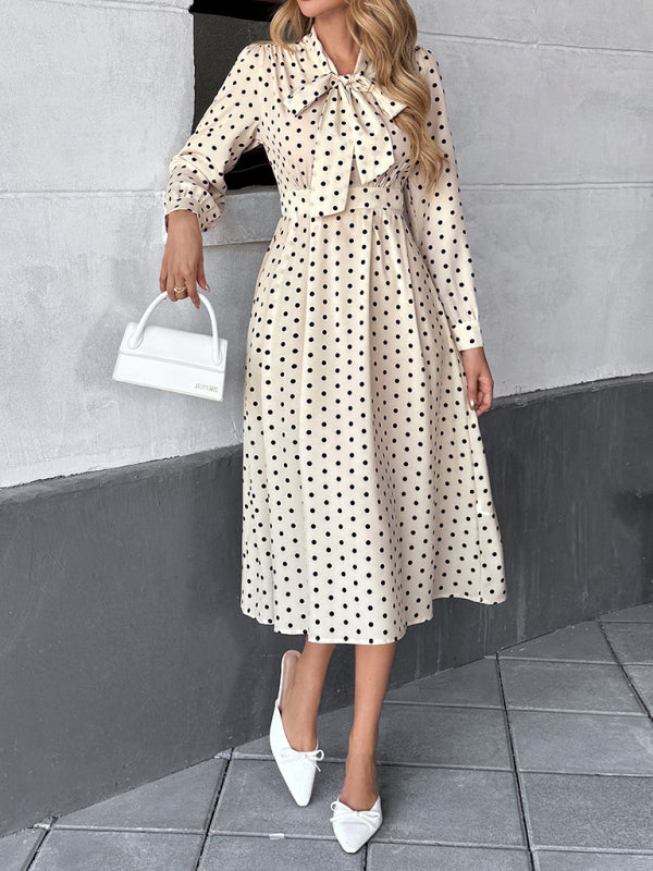 Elegant Mid-length Skirt Bow Tie Collar Long Sleeves and Waist Polka Dot Dress +