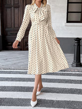 Load image into Gallery viewer, Elegant Mid-length Skirt Bow Tie Collar Long Sleeves and Waist Polka Dot Dress +
