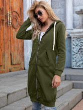 Load image into Gallery viewer, Full Size Zip-Up Longline Hoodie with Pockets +
