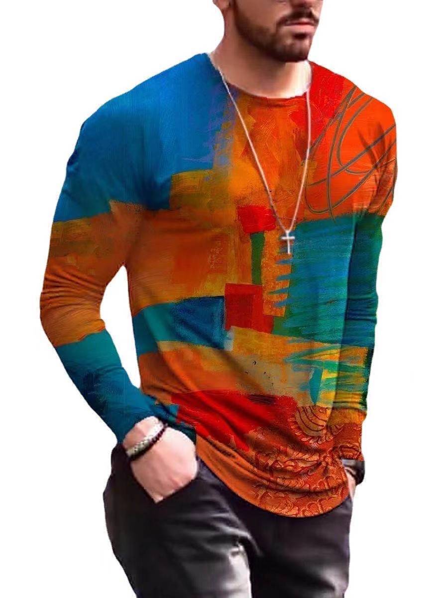 Men's Round Neck T-shirt Contrast Drawing Printed T-shirt +