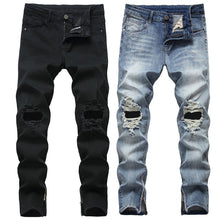 Load image into Gallery viewer, Zipper Ripped Jeans Foot Trousers Men&#39;s Denim Stretch Trousers Skinny Pants +

