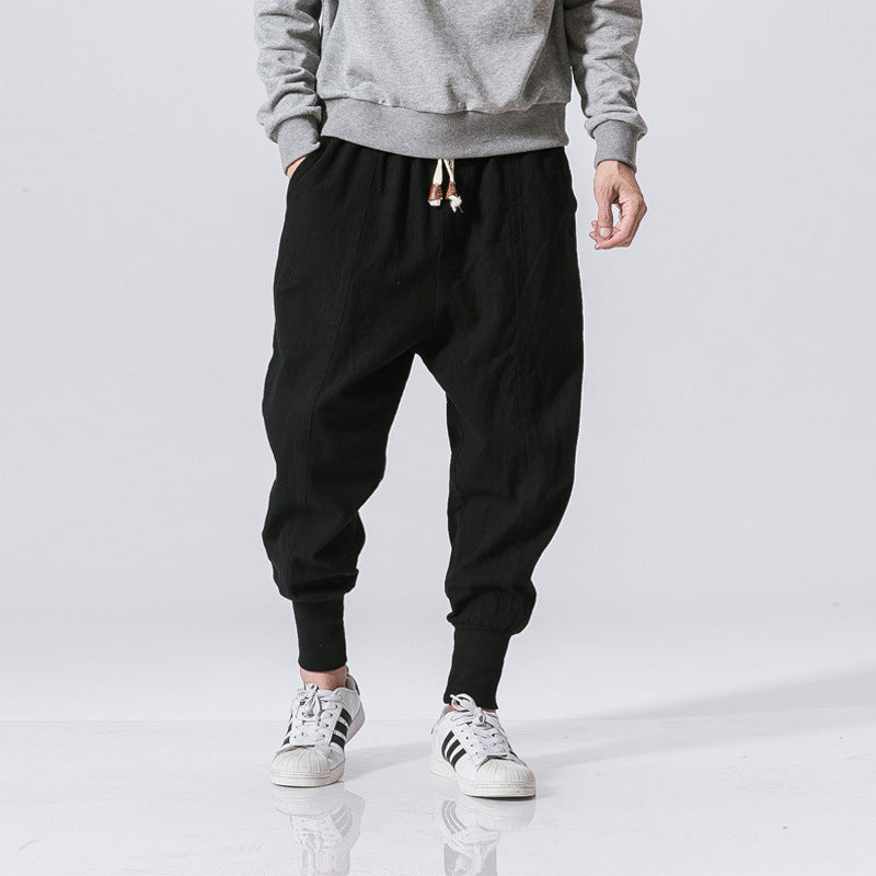 Harem Pants Men Streetwear Casual Joggers Narrow Ribbed Hem Ankle Cotton Linen Sweatpants Trousers M-5XL +