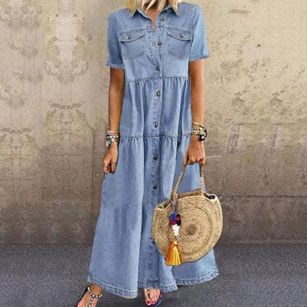 Denim Style Long Multi-buckle Distressed Dress +