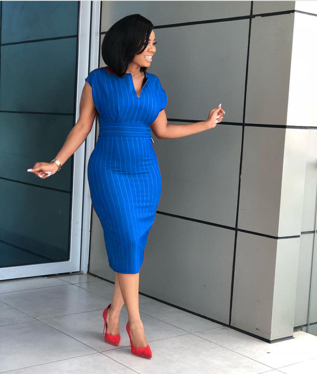 Formal Striped Dress High Waist Chic Dress +