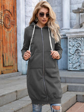Load image into Gallery viewer, Full Size Zip-Up Longline Hoodie with Pockets +
