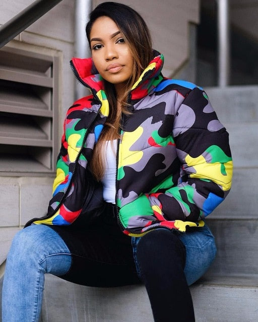 Camouflage Print Winter Bubble Coat - Female Cropped Puffer Jacket - Trendy Winter Coat - Multicolored Camouflage Jacket +