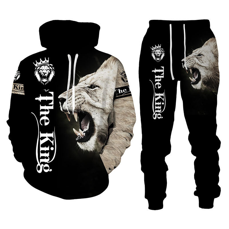 Lion Print Men Hooded Sweatshirt Set +