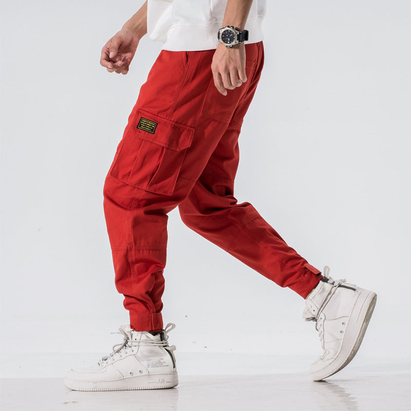 Overalls Multi-pocket Loose Cargo Pants for Men Velcro Open Foot Trousers +