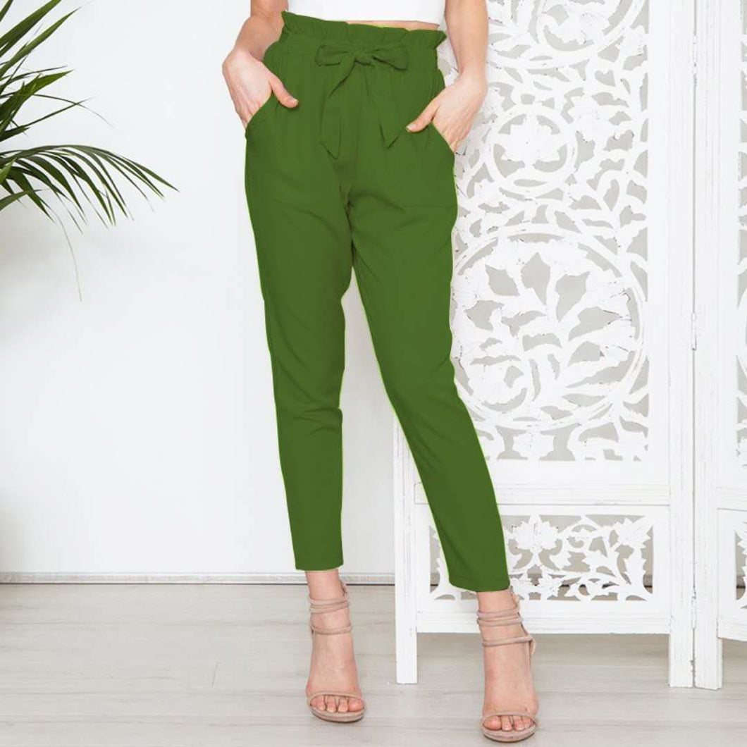 New Fashion Pants for Women Elastic Waistband with Bow Belt European Women Style +