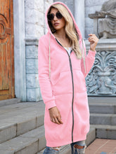 Load image into Gallery viewer, Full Size Zip-Up Longline Hoodie with Pockets +
